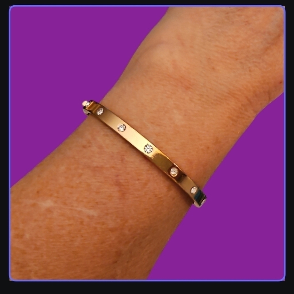 Kate SPADE Rose Goldtone Rhinestone Clamp Bangle Moto Bracelet